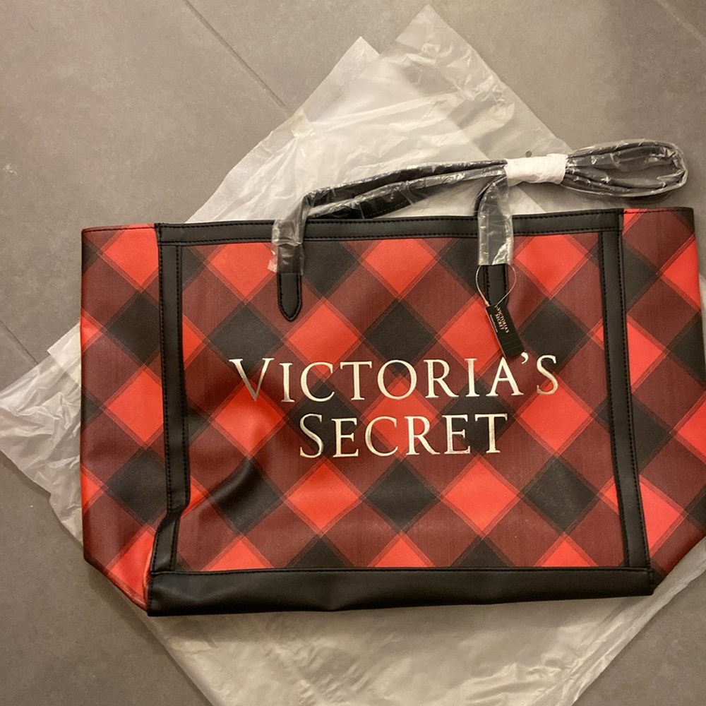 Victoria’s Secret black and red checkered tote bag, silver logo. NWT